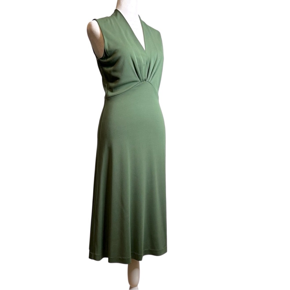 Sutton Studio Midi Dress Olive Green Pleated Jersey Small Petite Dark Academia